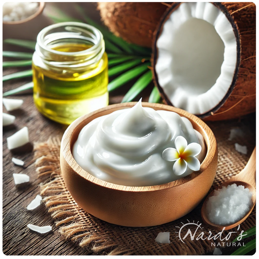 Wooden bowl filled with white hair conditioner alongside a halved coconut.