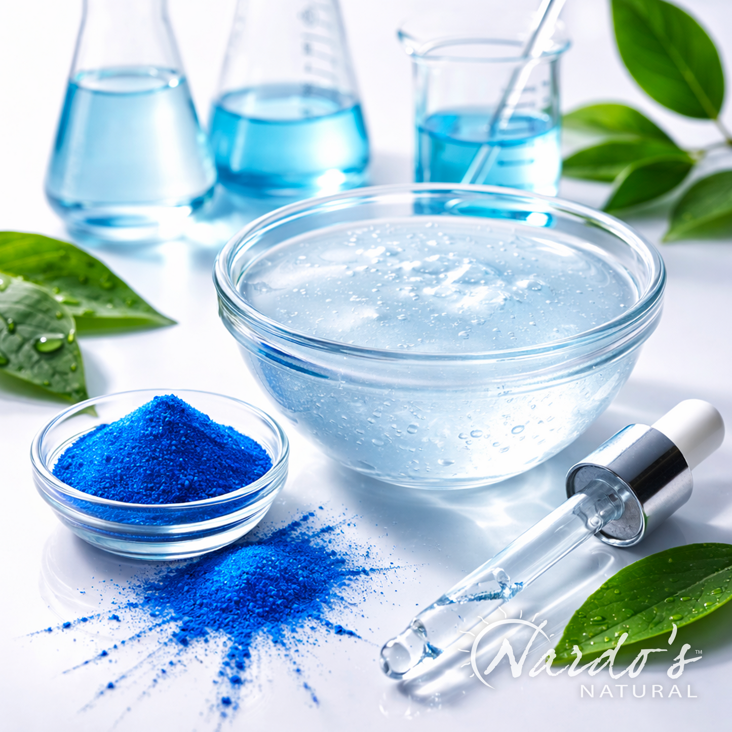 Copper Peptide in a clear glass bowl with blue copper peptide powder in a lab with beakers and leaves