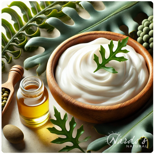 A wooden bowl filled with white creamy shampoo with green leaves and oil bottles around it.
