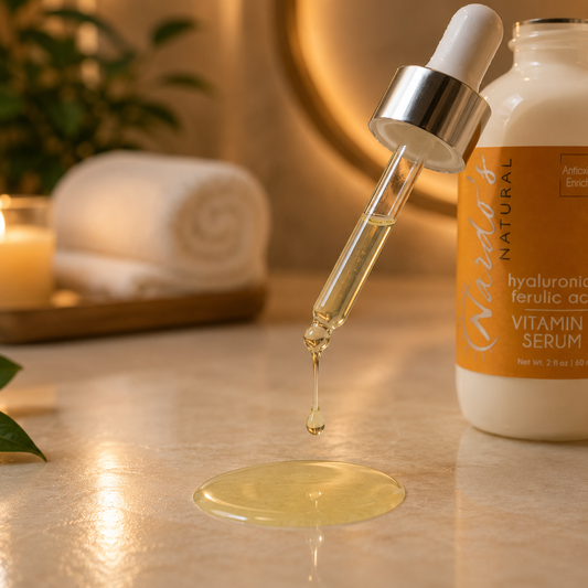 Vitamin serum dropper with serum on a wooden surface, next to a bottle of Natura & Co. Vitamin Serum.