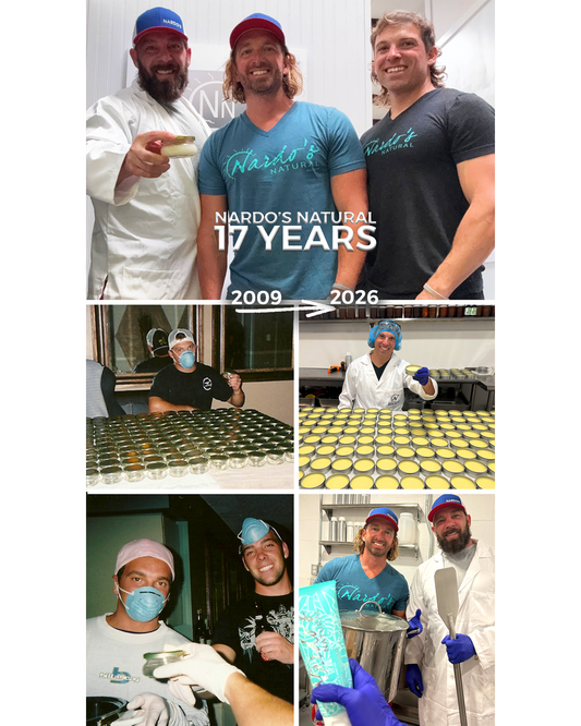 Three Nardo's Natural brothers smiling with skin care with text 17 Years in Business
