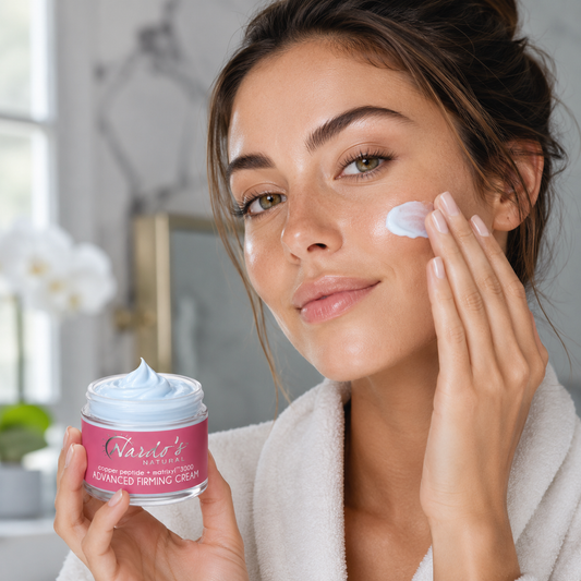 woman apply face cream and hold a jar with pink label reading Nardo's Natural