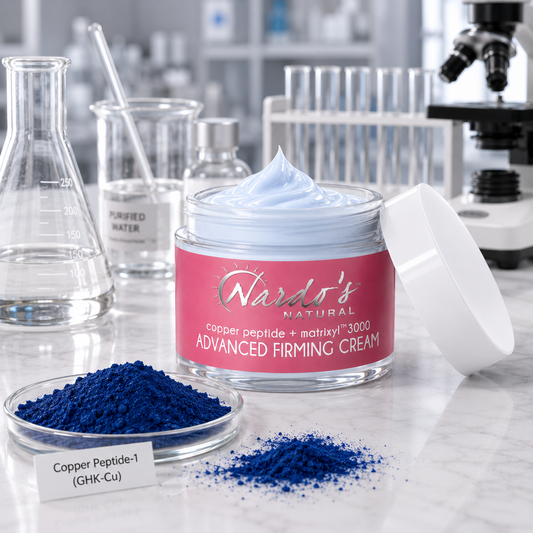 Nardos Natural Clear Jar with Pink Label and Blue Copper Peptide Cream with Pile of dark blue peptide powder beside jar