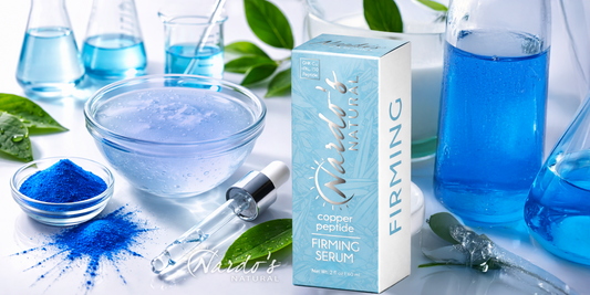 Copper Peptide Firming Serum in a box with dropper vial and formula in a bowl