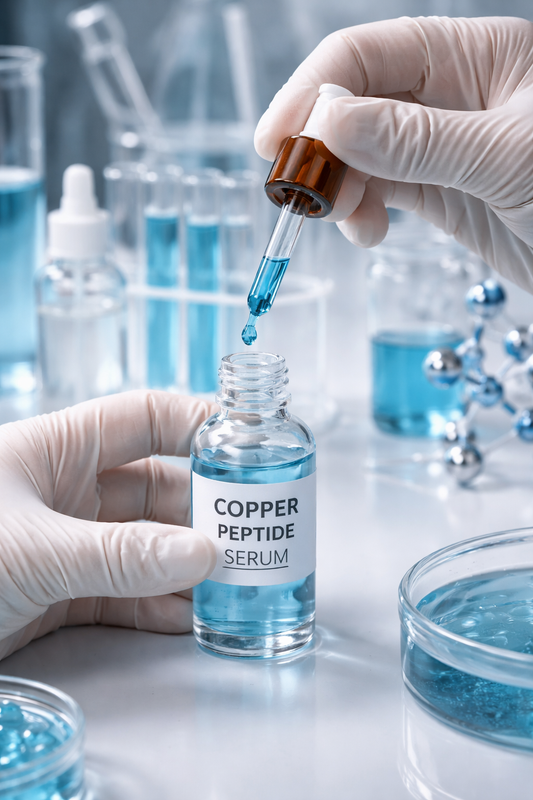 Chemist hands pouring a vial of copper peptides in a glass bottle with chemisry lab tubes in the background