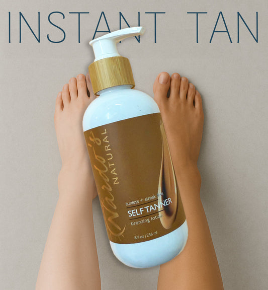 tannung lotion bottle with lotion pump and left foot pale skin tone right foot tan skin tone with text reading instant tan