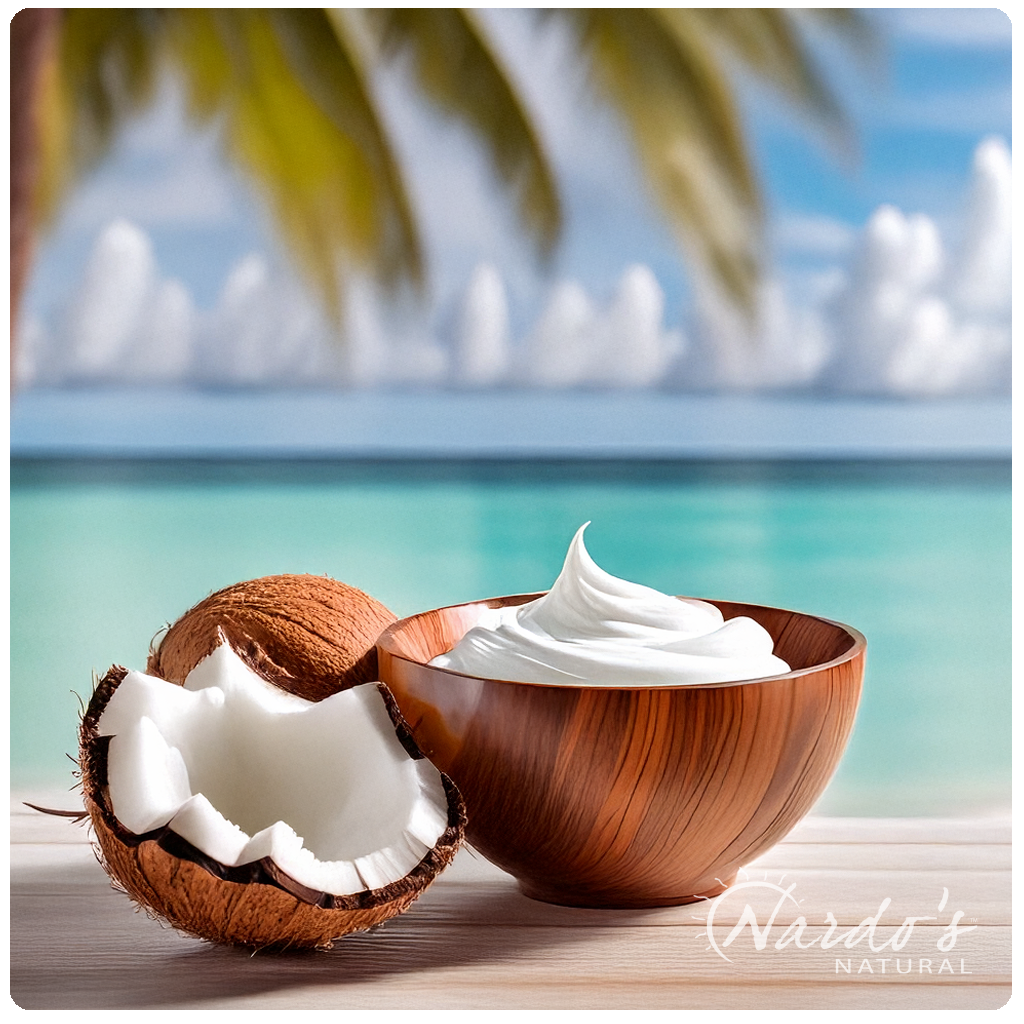 Half a coconut shell with cream inside on a beach 