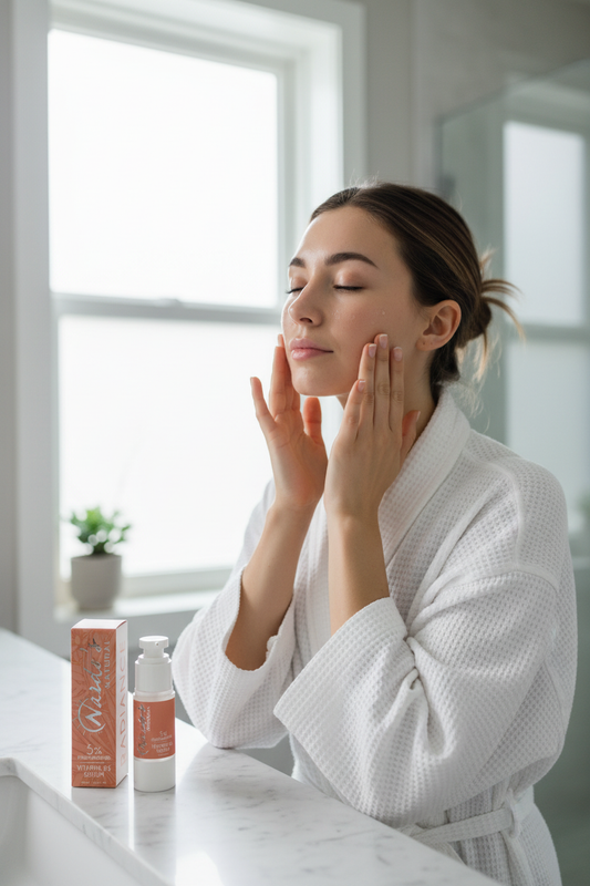 Woman in bathrobe applying b3 Face serum with product on countertop 