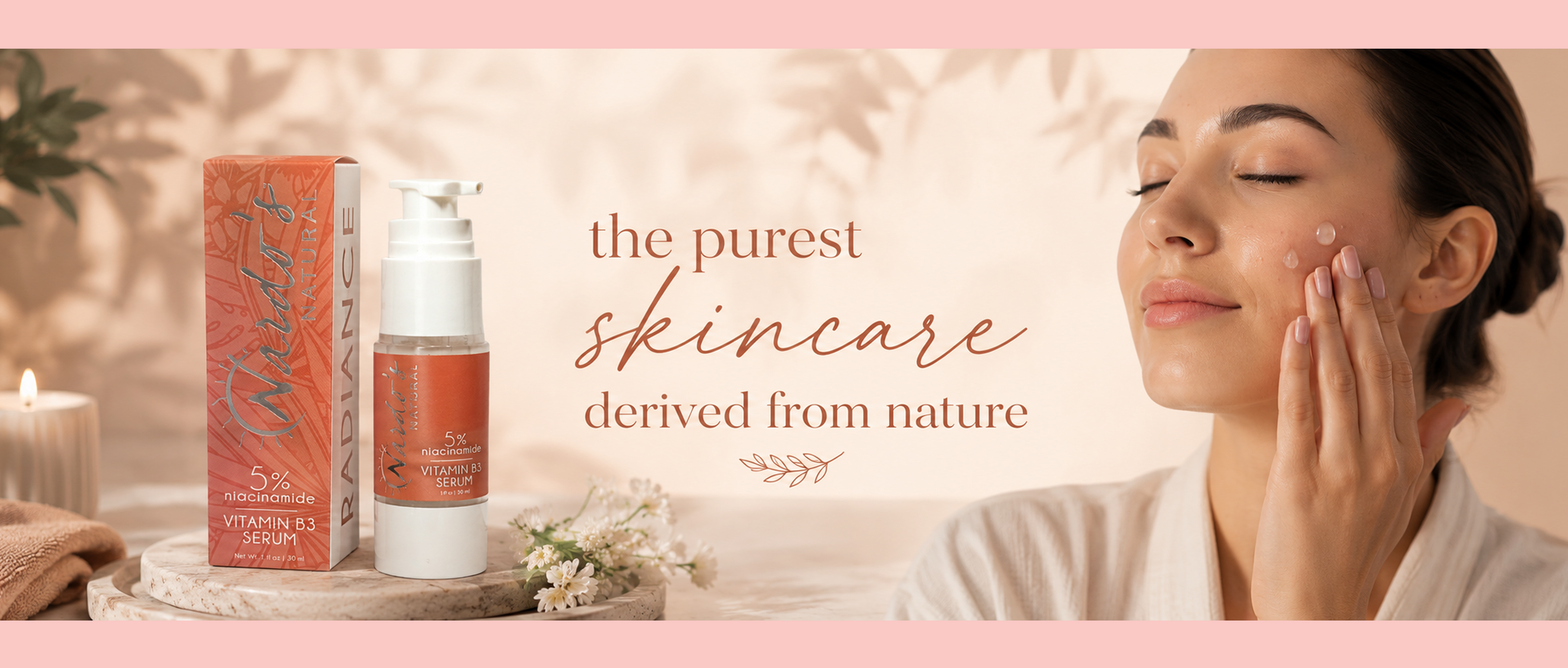 Skincare products with a woman applying cream, set against a soft pink background.