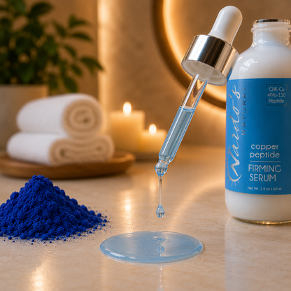 Natura's Firming Serum with blue powder and dropper on a wooden surface.
