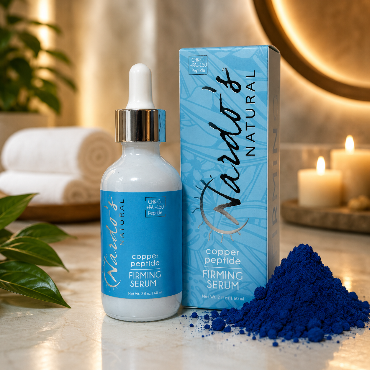 Naidu's Natural copper peptide firming serum with packaging and powder on a decorative surface.