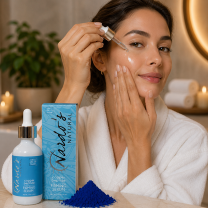 Woman applying a skincare serum with Naidu's Natural products in the foreground.