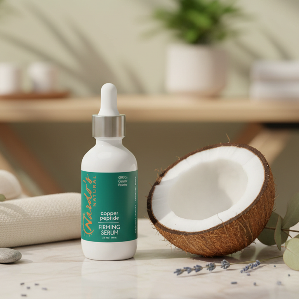 White serum bottle with dropper and green label next to a coconut on a neutral background