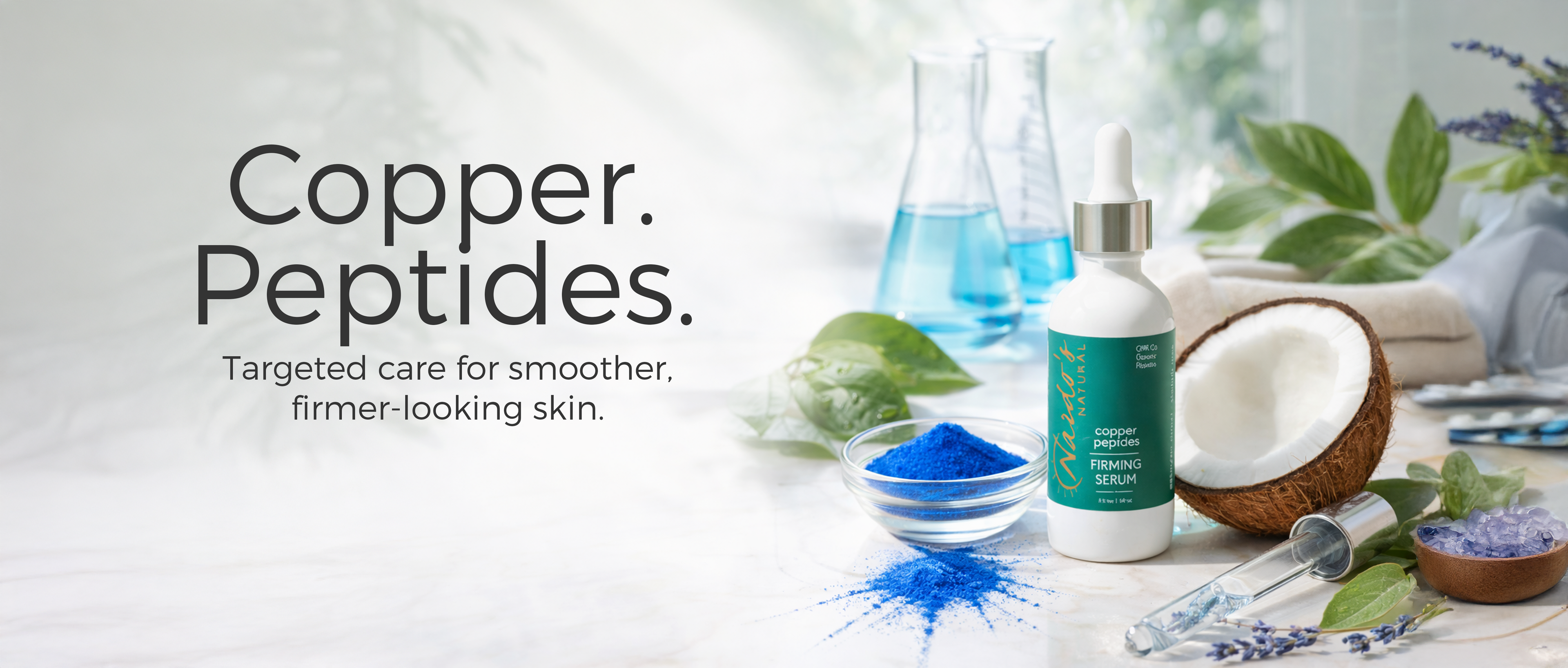 Cosmetic products with text 'Copper. Peptides.' on a light background