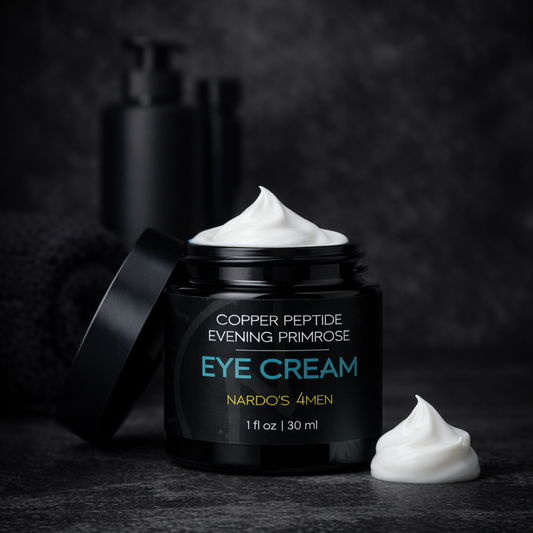 Eye cream jar with visible cream on a dark background