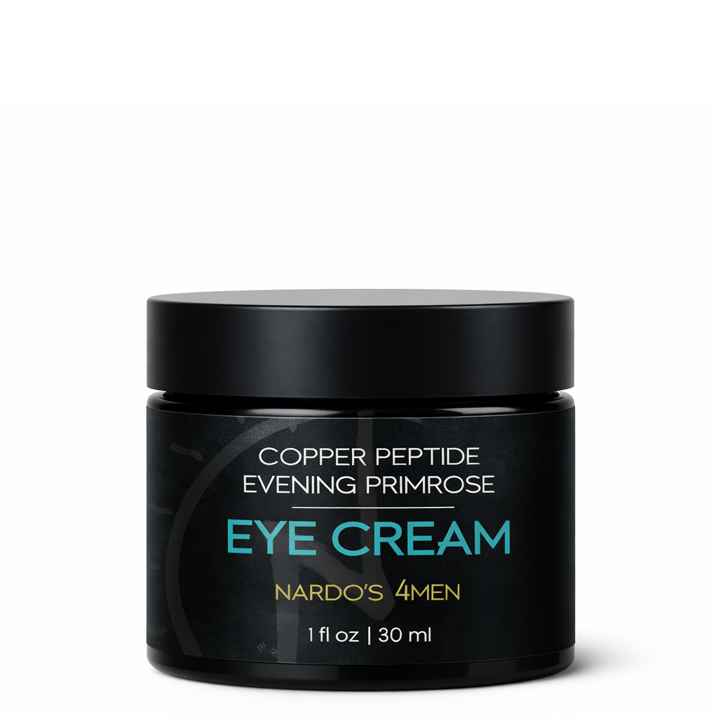 Black jar of eye cream with text on a white background