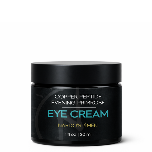 Black jar of eye cream with text on a white background