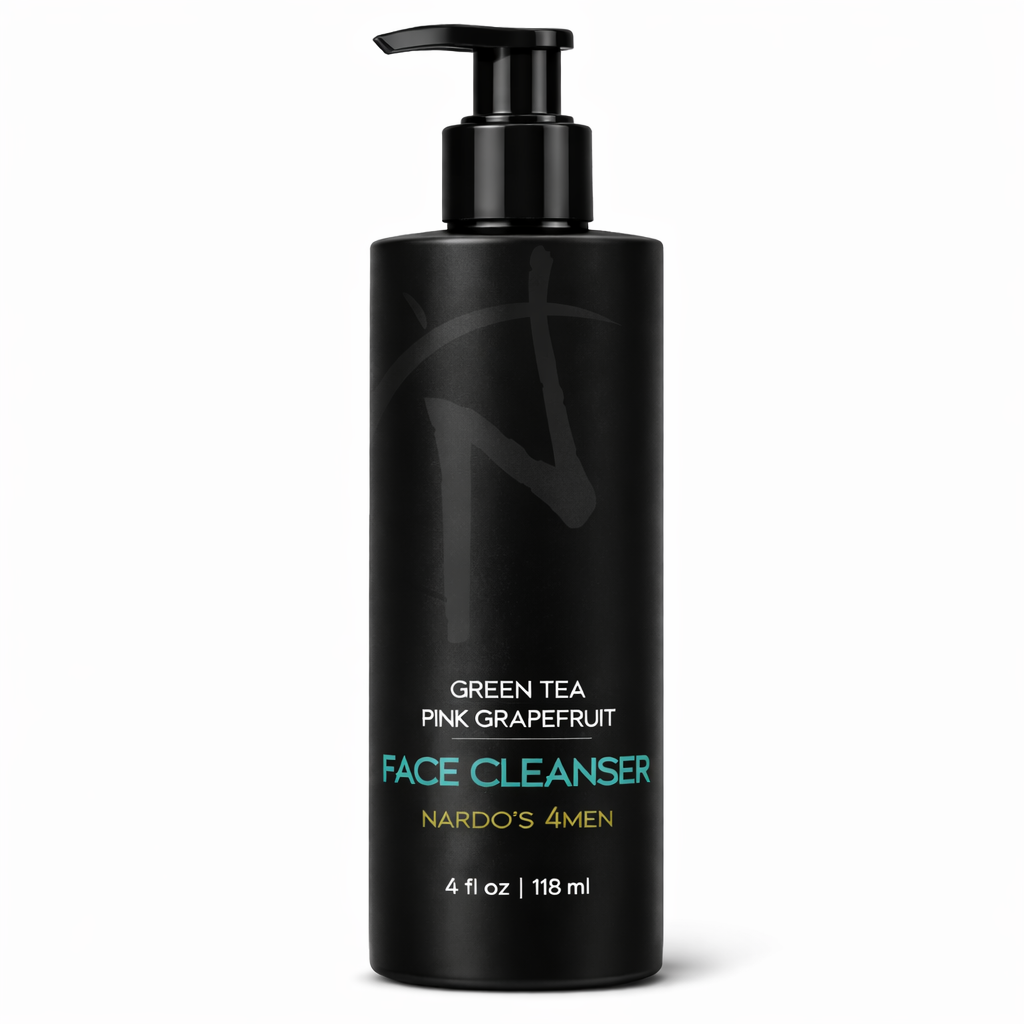 Black bottle of Nardo's 4Men Green Tea Pink Grapefruit Face Cleanser on a white background