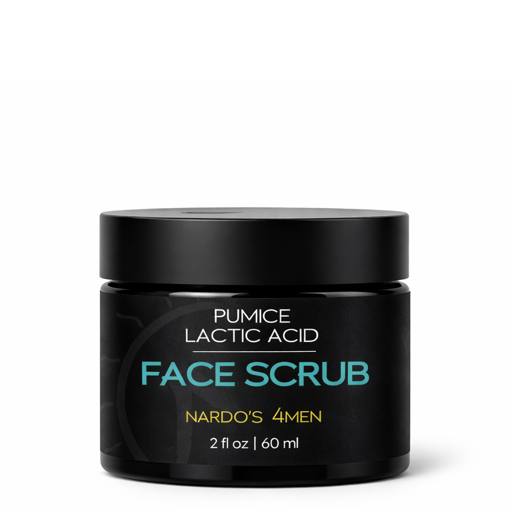 Black jar of Nardo's 4Men Face Scrub on a white background