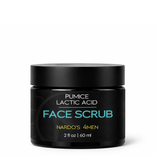 Black jar of Nardo's 4Men Face Scrub on a white background