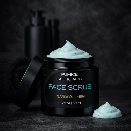 Black jar of Nardo's 4Men Face Scrub with a dark background