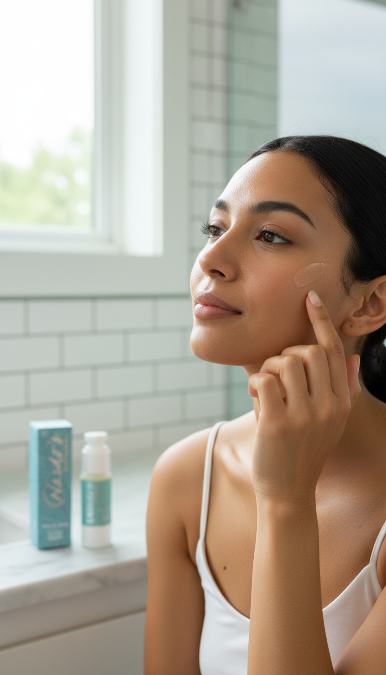 Woman applying skincare product in a bathroom setting with skincare products on a window sill.
