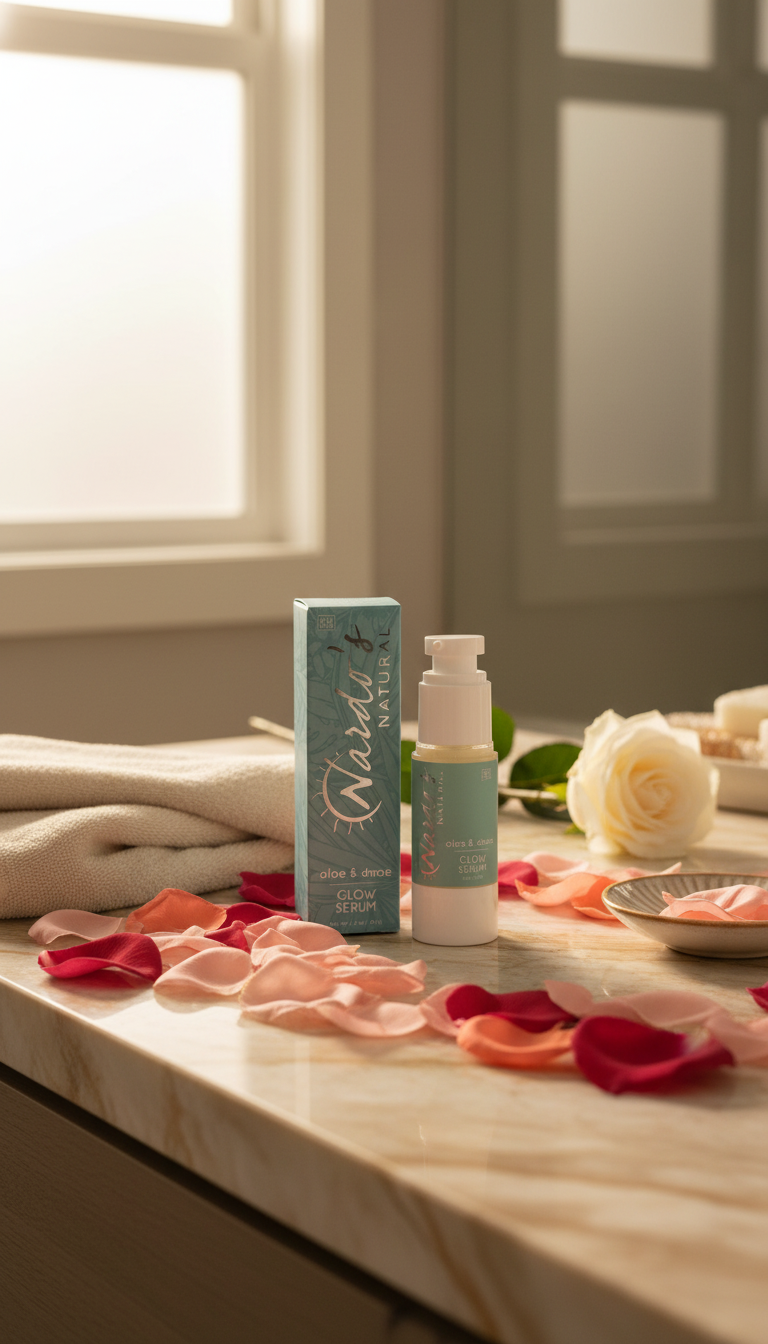 Cosmetic products on a marble surface with flowers and a window in the background