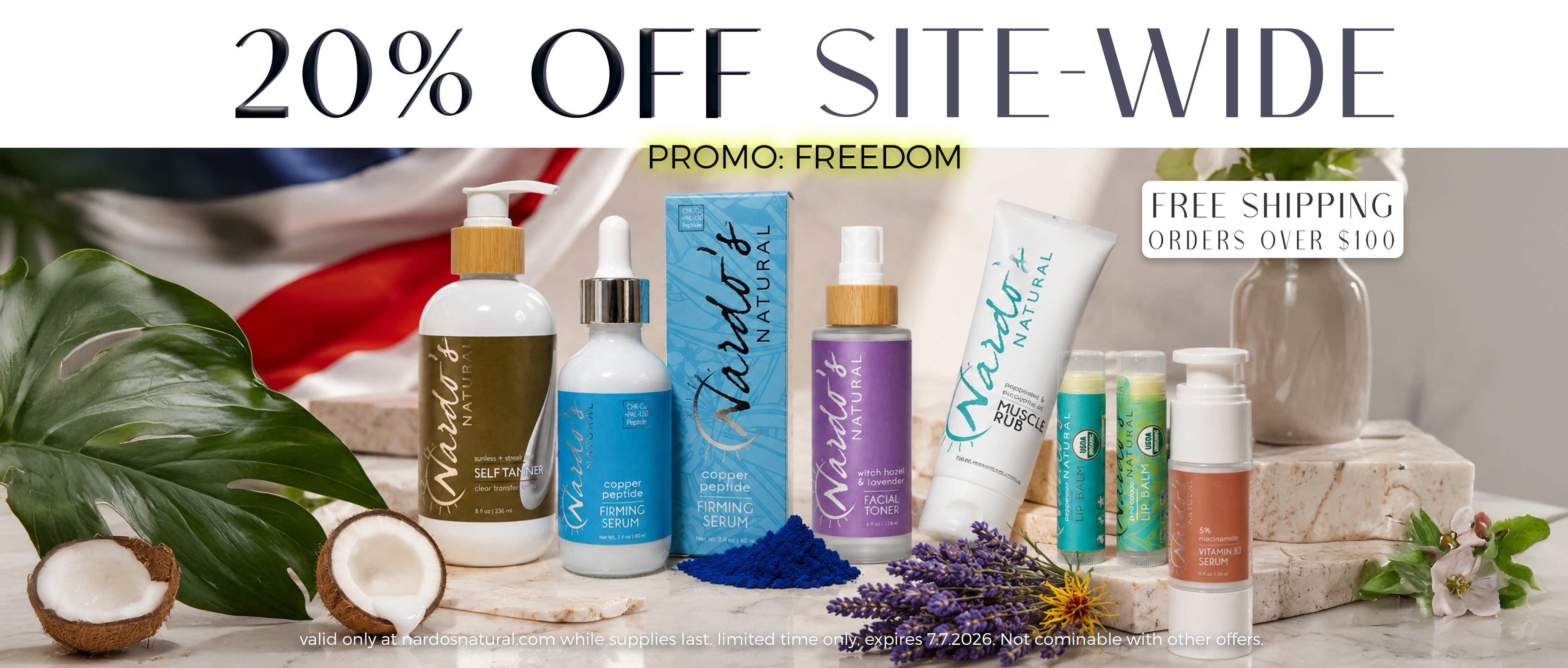 A promotional banner for Nardo's Art of Skincare featuring a lineup of various skincare products including lotions, serums, and masks on a styled set with tropical leaves, coconuts, and lavender. The top of the banner features text reading '20% OFF SITE-WIDE' and 'PROMO: FREEDOM'.