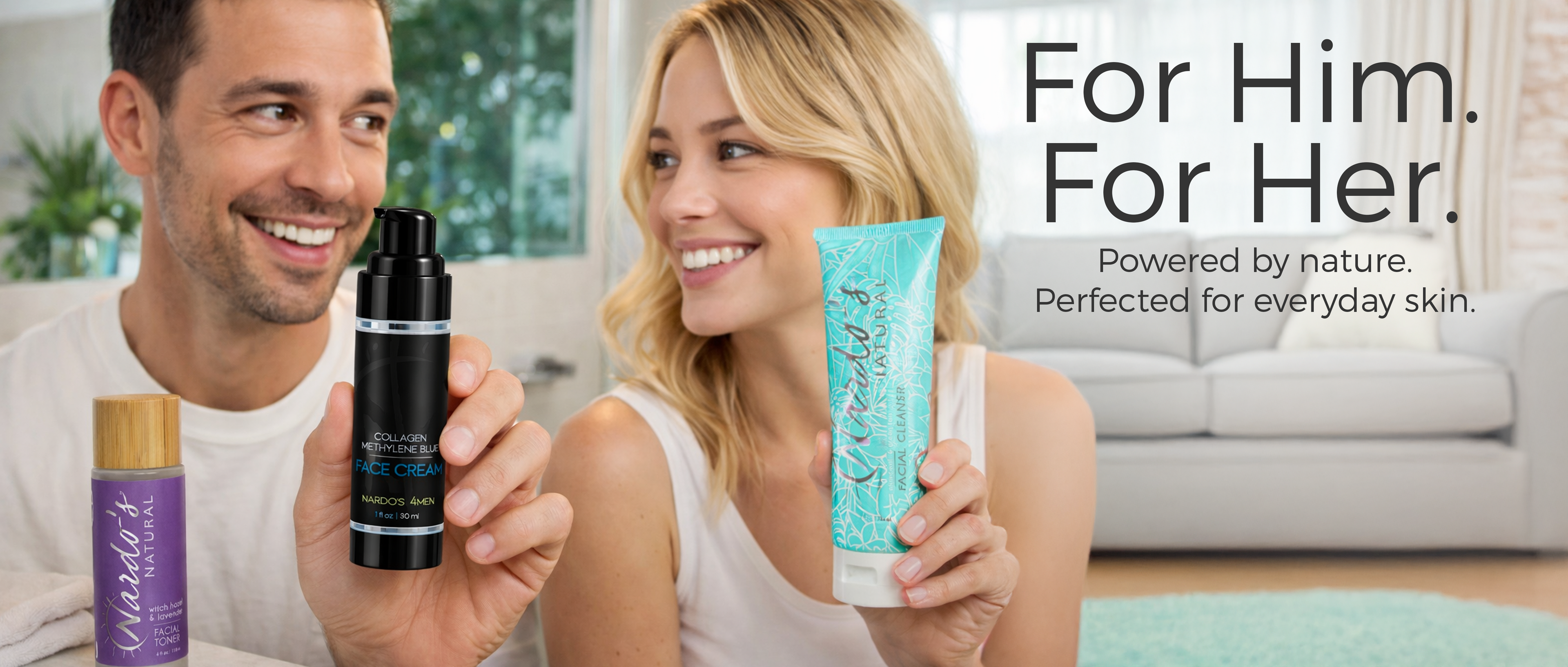 Man and woman holding skincare products with a promotional text overlay.