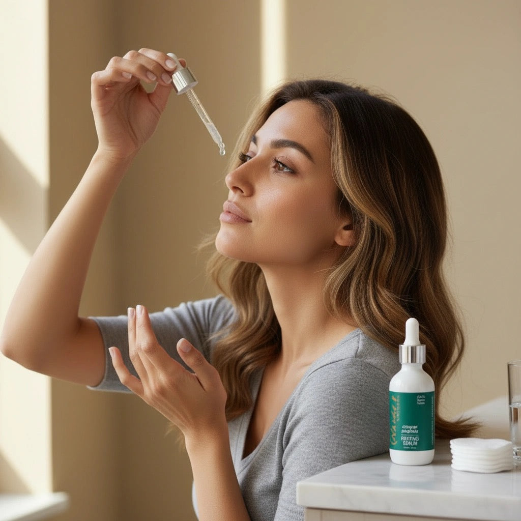 Woman applying a dropper of skincare product to her face with a bottle of the product on a table.