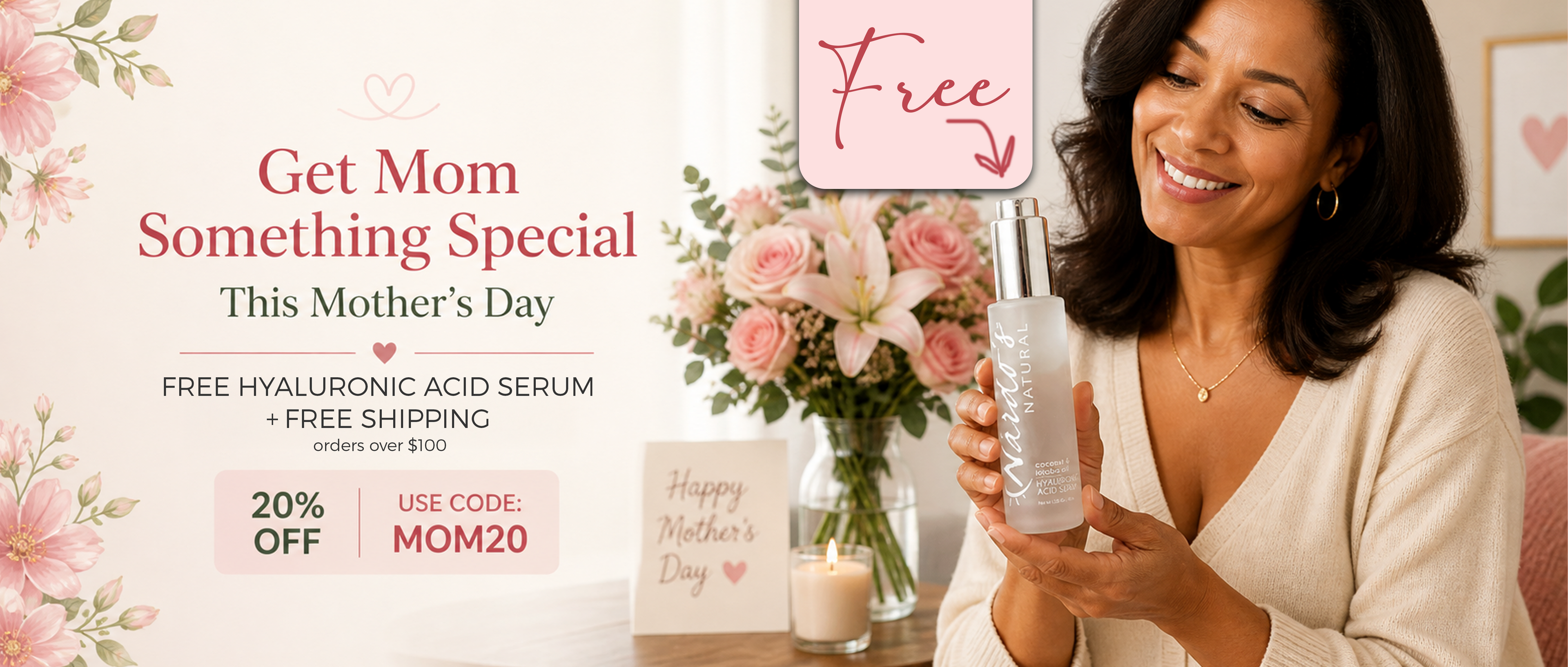 Mother holding Skincare bottle for Mothers Day 20% off Sale Promo MOM20