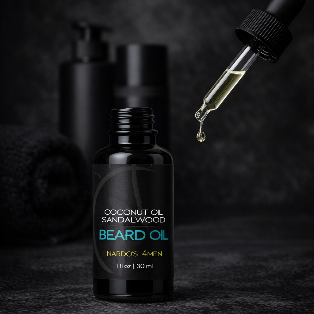 Beard oil bottle with dropper on a dark background