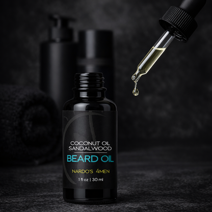 Beard oil bottle with dropper on a dark background