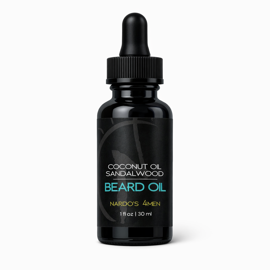 Black bottle of coconut oil sandalwood beard oil with dropper on a white background