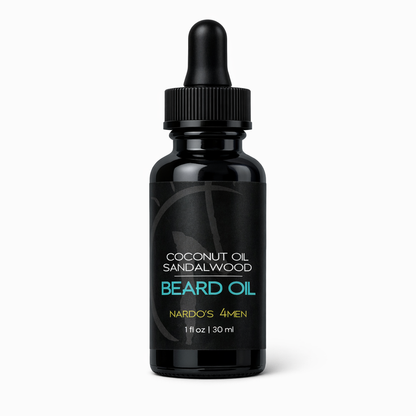 Black bottle of coconut oil sandalwood beard oil with dropper on a white background