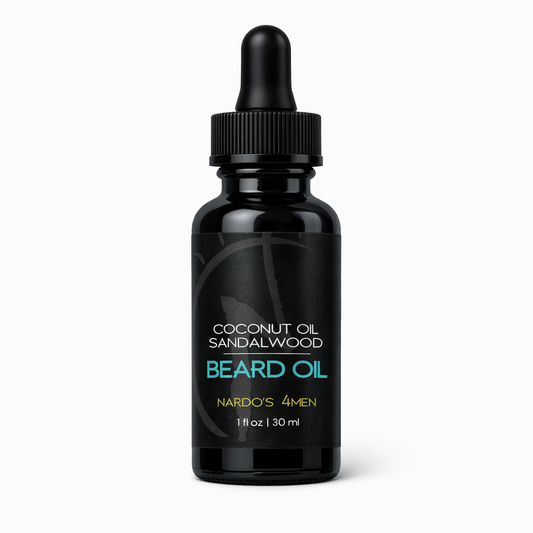Black bottle of coconut oil sandalwood beard oil with dropper on a white background