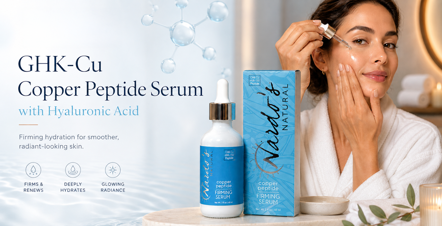 Nardo's GHK-Cu Copper Peptide Serum with Hyaluronic Acid, shown with its blue bottle and box next to a woman applying serum to her face in a bright, spa-like setting.