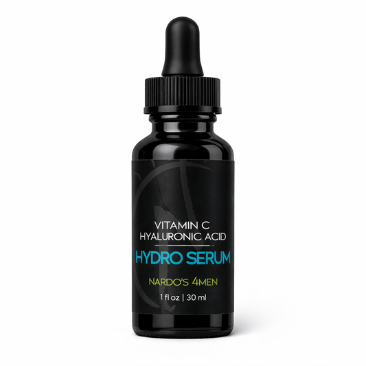 Black serum bottle with dropper labeled 'Vitamin C Hyaluronic Acid Hydro Serum' on a white background