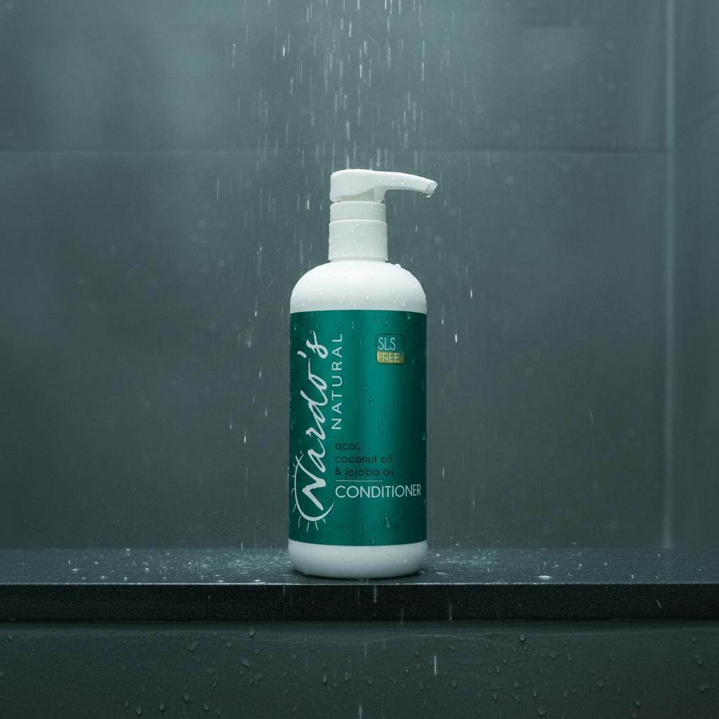 Shower water raining down on nardo's natural conditioner bottle in an empty shower