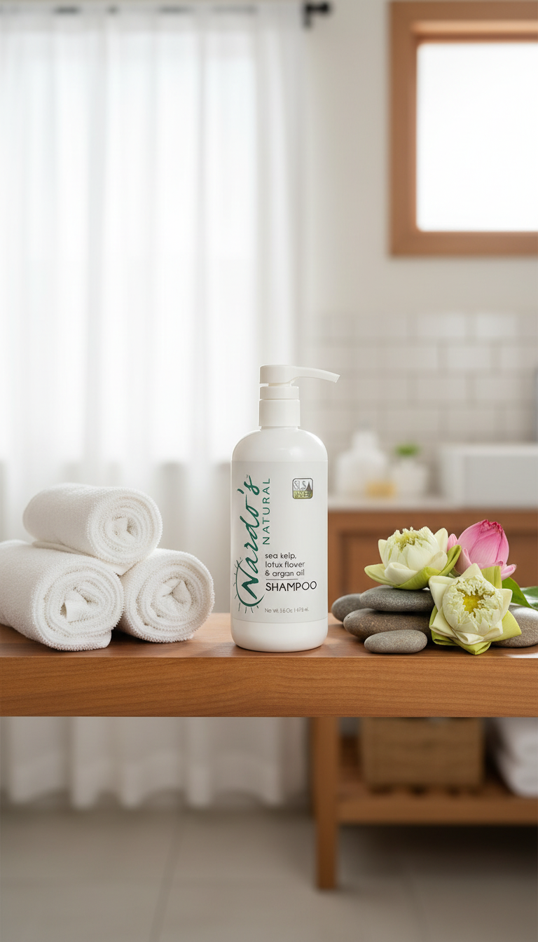 Bottle of shampoo on a wooden table with towels and flowers in a bathroom setting