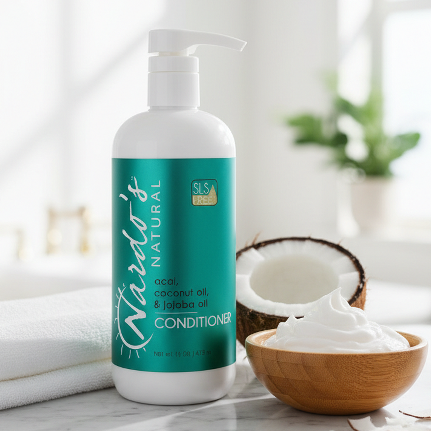Nardo's Natural Conditioner bottle on a marble counter with bowl of whipped coconut cream beside it