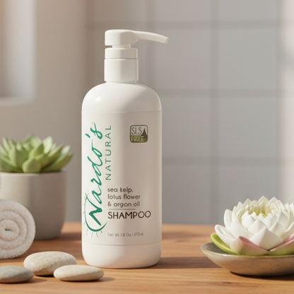 Nardo's Natural Shampoo on wooden counter alongside lotus flower and rocks