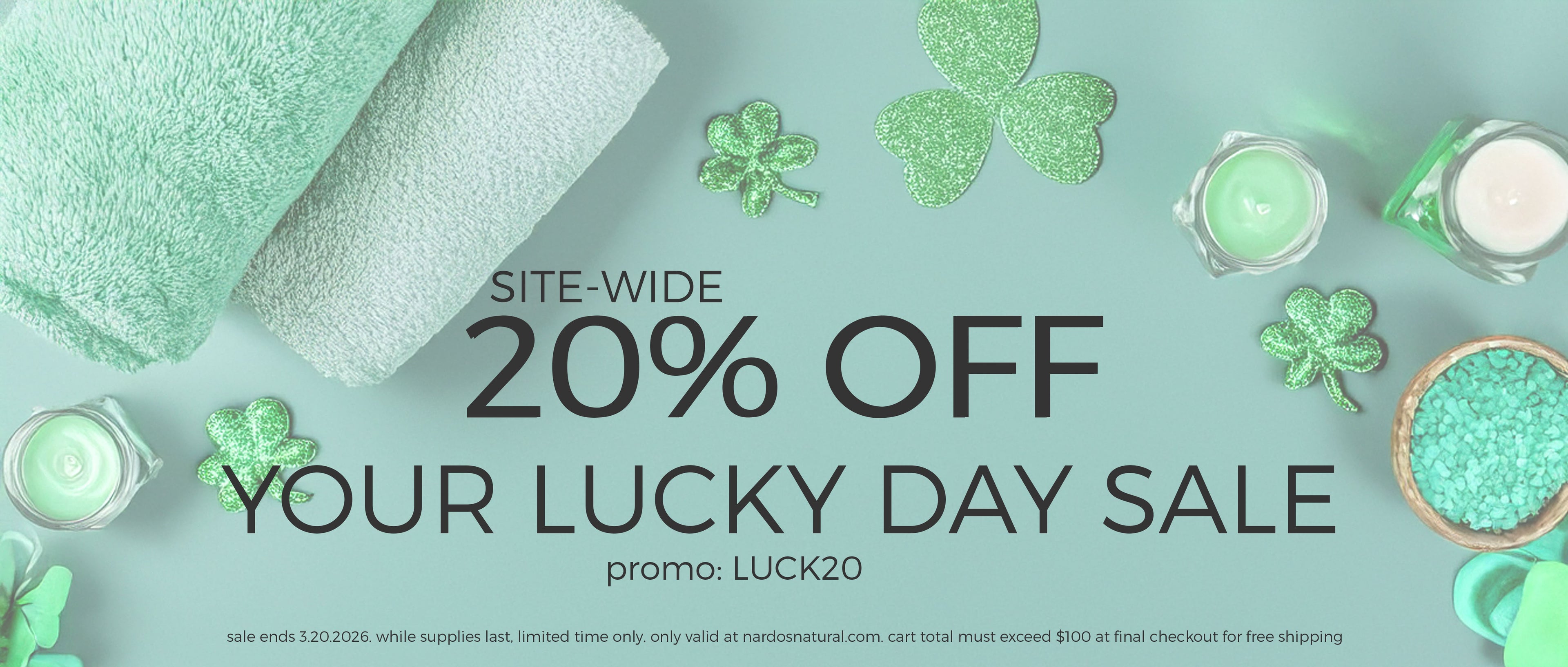 Promotional banner for a 20% off sale with green products and shamrock decorations on a light blue background.