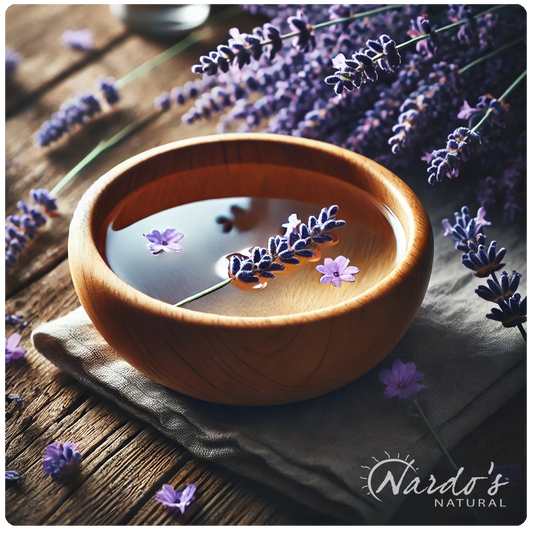 Toner water in a bamboo bowl and lavender flowers 
