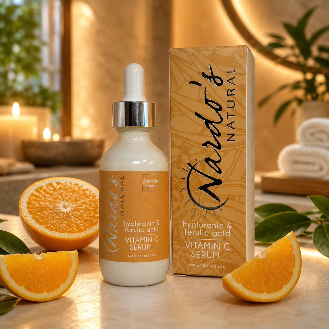 Vitamin C serum bottle and packaging with oranges on a wooden surface