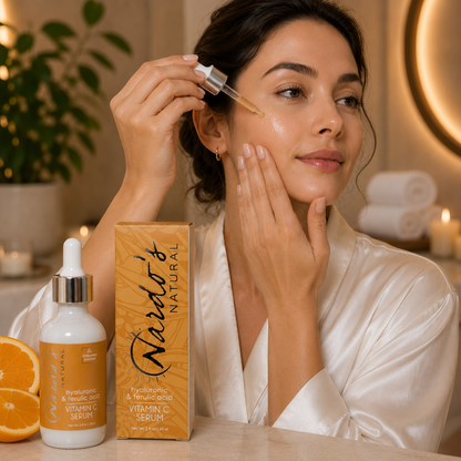 Woman applying a skincare serum with Nardo's Natural packaging in a cozy setting.